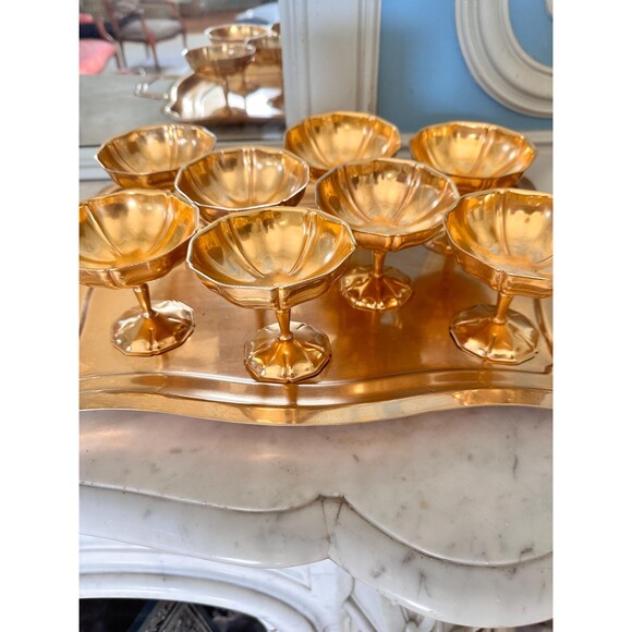 Vintage dessert coupes set, 8 footed metal bowls with tray, ice cream cups - Picture 6 of 6